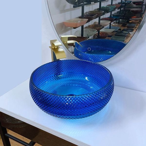 Buy Italian Design Blue Glass Sink Bowl 16.5 Inch Round Glass Above Counter Basin at wholesale prices