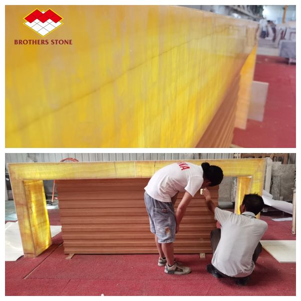 Thickness Tolerance /- 1mm Antique Book Match Yellow Onyx Marble for Lavabo Component