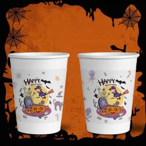 Custom-Printed Halloween Disposable Paper Cups with Lids & Straws – For Hot/Cold