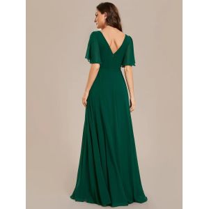 Simple V-neck Zipper Short Sleeves Empire Waist A-line Maxi Ruffled Dark Green