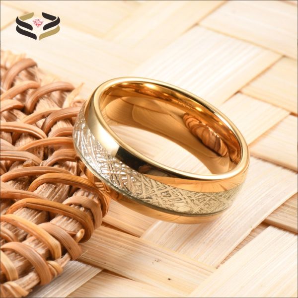 8mm Gold Tungsten Carbide Ring with Meteorite Inlay Sophisticated Addition to Religious Wedding Bands