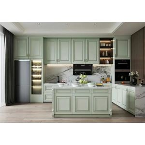 Light Green Solid Wood Kitchen Cabinets Island Shape Customization
