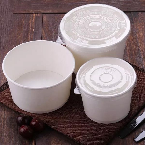 30oz Fast Food Storage Disposable Food Lunch Package White Paper Bowl Cup With Plastic Lid