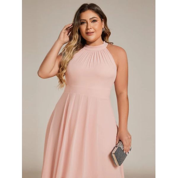 Tea-length A-line Sleeveless Halter Neck Wedding Guest Dress Pink Chiffon Cocktail Dresses