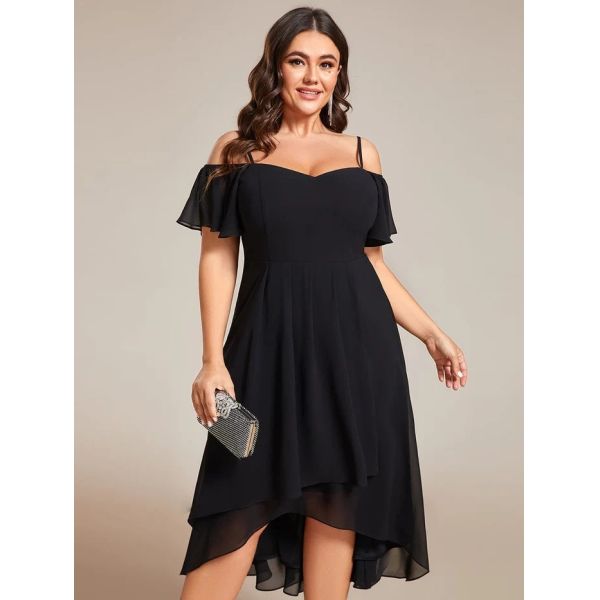 Empire Off-shoulder Spaghetti Strap Zipper High-low Wedding Guest Dresses Short Sleeves Black Chiffon Prom Dress