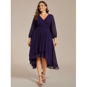 Plus Size Ruffled A-line Long Sleeve V-neck High Low Wedding Guest Dark Purple