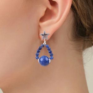 Handmade Crystal Stone Earrings Sodalite Gemstone Beaded Star Charms Pendant