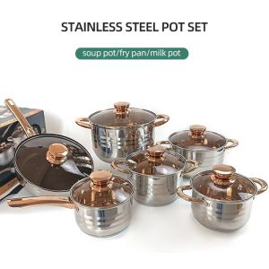 Home Cooking 12pcs Cookware Set Golden Handle Kitchen Pots Stainless Steel