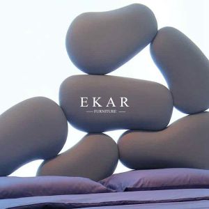 Wooden Frame Unique Shaped Upholstered Headboard Latest Double Bed Design