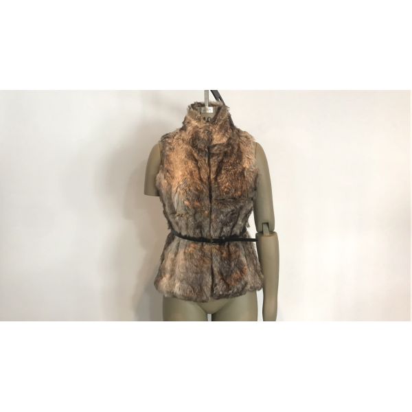 Buy Brown Multi Color Womens Faux Fur Jacket Gilet With Pu Belt And Funnel Neck TW74297 at wholesale prices