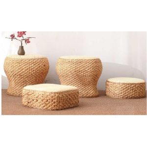 Quality Natural Straw Household Storage Stool Grass Woven Ottoman Box Eco-Friendly Hand-Woven Grass Rattan Stools Seat Pad for sale