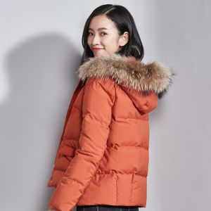 Young Yellow Polyester Bomber Jacket With Fur Hood Womens