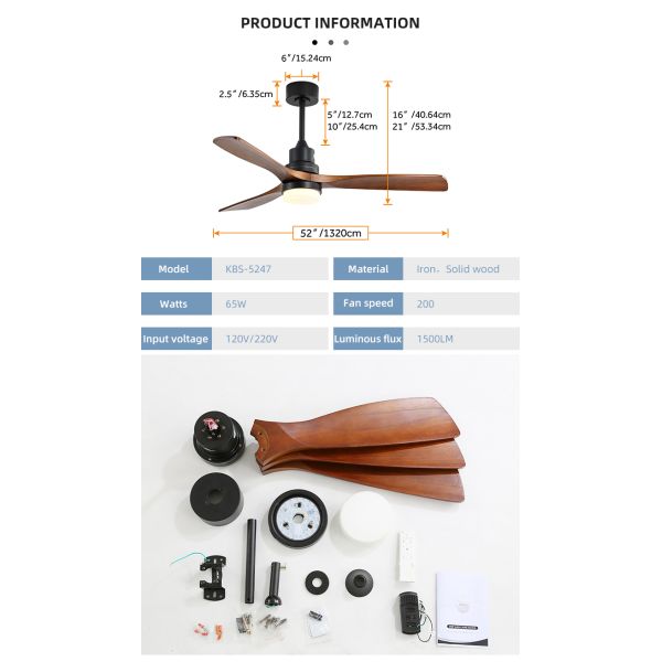 Dimmable AC/DC120V 65W Smart Ceiling Fan With Light And Remote 3 Speed