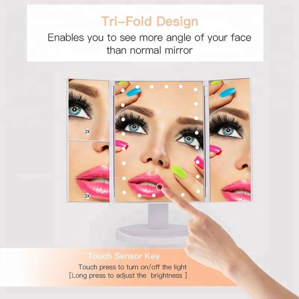 Buy Lighted Makeup Mirror, Touch Screen LED Table Makeup Mirror -Three Panel Led Light Tabletop Cosmetic Mirror at wholesale prices