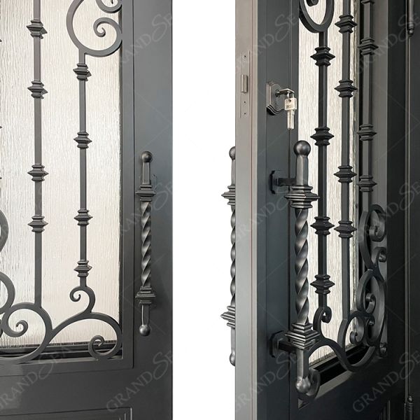 Latest Modern Cast Iron Factory Price Front Door with Glass, Entry Double Wrought Iron Door Design for Villa