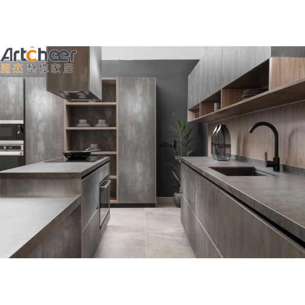 Modern Kitchen Furniture with Dark Grey Marble Look Finish and Flat Edge Countertop