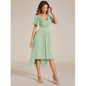 Chic V-neck High-low Short Flutter Sleeves A-line Ruffle Midi Invisible Zipper