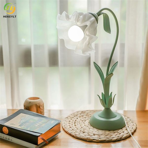 E27 Green Flower Glass Table Lamp Ceramic Lamp Holder