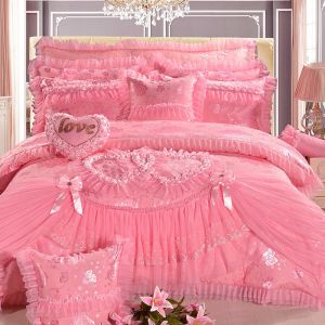 100% Cotton Solid Color Velvet Lace Bed Duvet Cover Fitted Skirt Sheets 4pcs