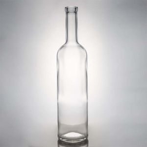 China 750ml Round Glass Liquor Bottle for Whisky Rum Gin with Cork Stopper and Glass Collar on sale