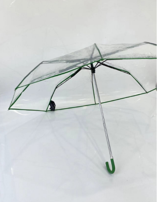 Minimalist Manual Open , Three Fold Leather Handle Transparent Rain Umbrella 21 Inches Easy To Carry