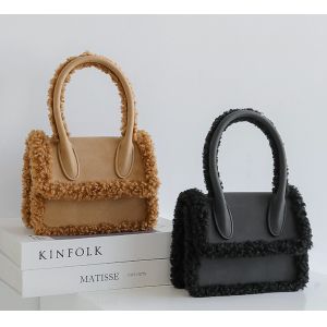 18cm Womens Leather Bag Lamb Wool Plush Brown Suede Handbag
