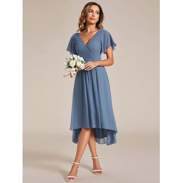 Chic V-neck High-low Short Flutter Sleeves A-line Ruffles Midi Invisible Zipper Teal Chiffon Wedding Bridesmaid Dress