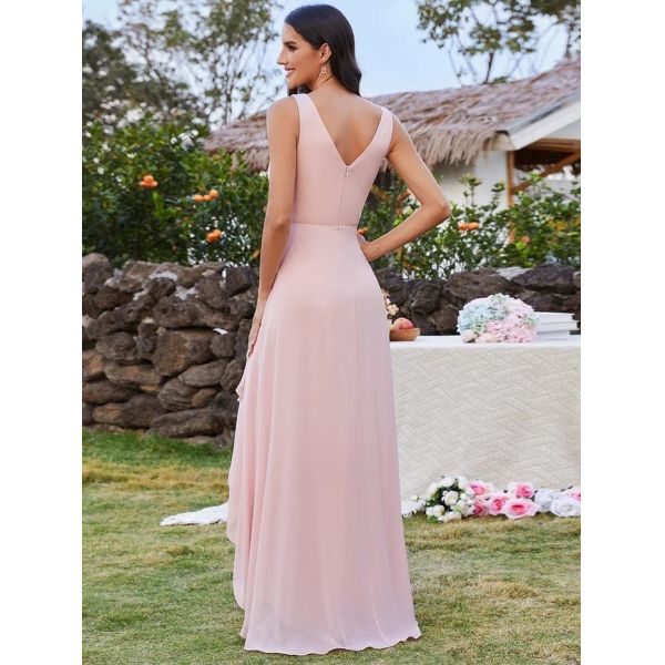 Unique High-low Ruffles V-neck Waist Pleating Two Straps Burgundy Chiffon Pleated Lotus Leaf Sleeveless Prom Dress