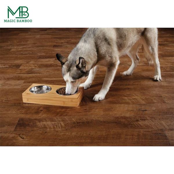 Bamboo Pet Feeder With Double Position Steel Bowls Rectangle
