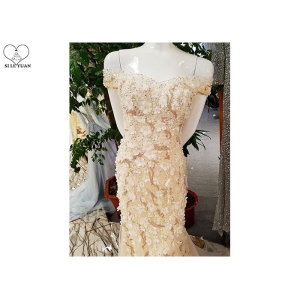 Short Sleeve Champagne Trumpet Prom Dress Lace Flowers With Beads Tulle Train