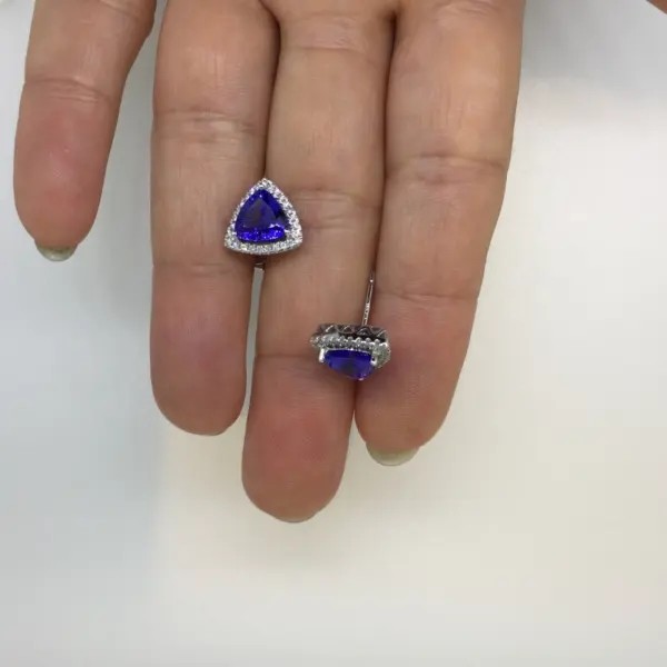 925 Sterling Silver Solitaire Blue Tanzanite Earrings Jewelry CZ Tiny Classic Trillion Cut Tanzanite Stud Earrings