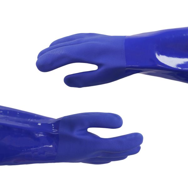 35cm Blue PVC Chemical Resistant Gloves With Sandy Finish And Cotton Liner