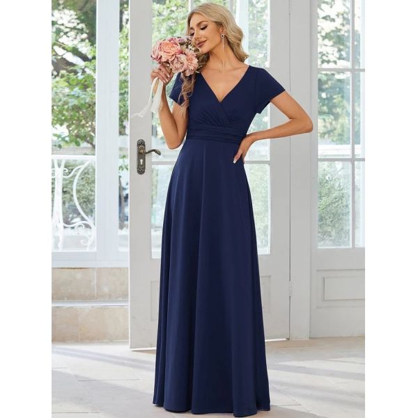 Sexy Custom Size V-neck Simple Pleated Empire Waist A-line Short Sleeve Navy Blue Satin Party Dress