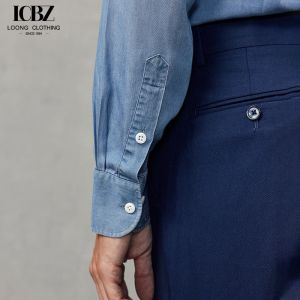 Summer Cotton Slim Fit Men's French Shirt end Custom OEM Light Blue for Business