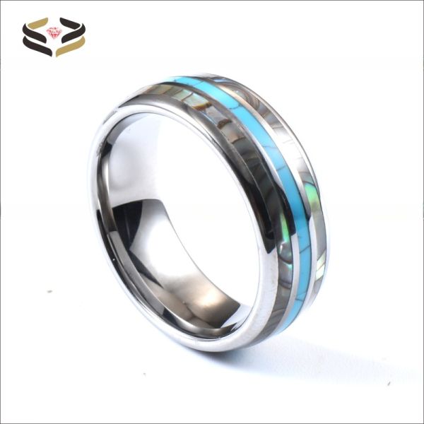 Third Party Appraisal Certified 8mm Abalone Shell Turquoise Inlay Tungsten Silver Wedding Band for Men