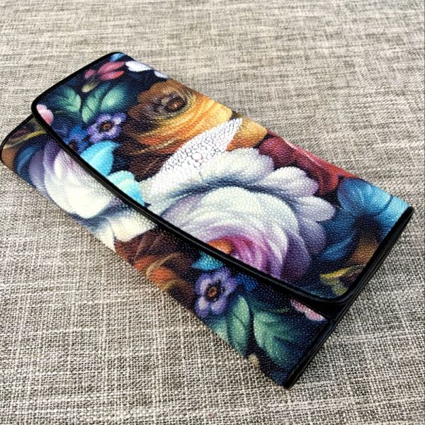 Thailand Authentic Stingray Skin Women's Long Trifold Wallet Genuine Leather Female Flower Clutch Lady Large Card Purse