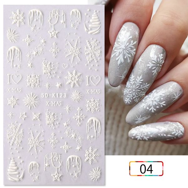 Wholesale Easy Apply Decoration Decals 5D Christmas Embossed White Snowflakes Sliders Nail Stickers for Finger Nail Beauty