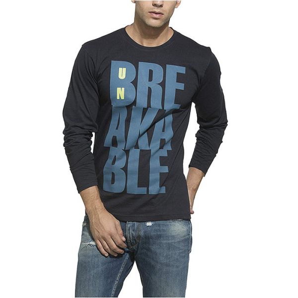 O - Neck Collar Black Long Sleeve Shirt Mens Eco Friendly With Blue Letter