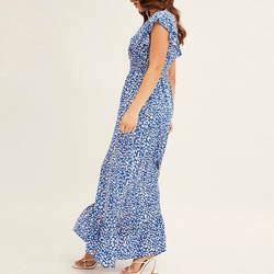 Custom Floral Printed V-Neck Ruffle Sleeve Maxi Dresses for Ladies