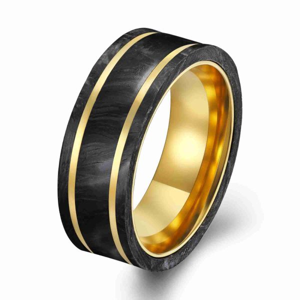 New Arrival Forged Carbon Fiber Wedding Bands in Plated Gold and Rose Gold for