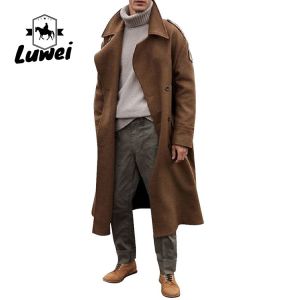 Winter Outerwear Classictrench Breasted Plaid Utility Long Trench Coat Slim Fit