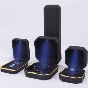 OEM ODM hign end Handmade black octagon Led light jewelry box with Velvet Insert