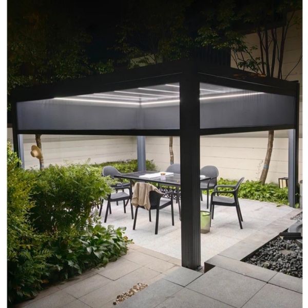 Weatherproof Metal Pergola with LED Lighting – Stylish Steel Roof