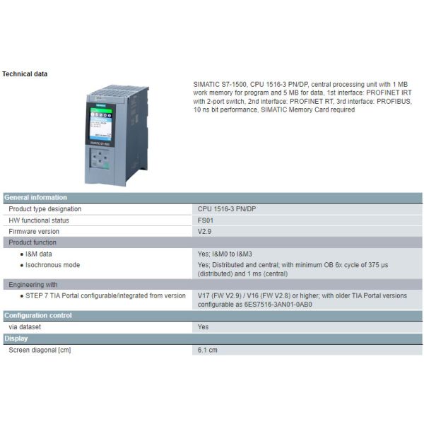 6ES7516-3AN02-0AB0 Eletronic Component Siemens SIMATIC S7-1500 CPU 1516-3 PN/DP