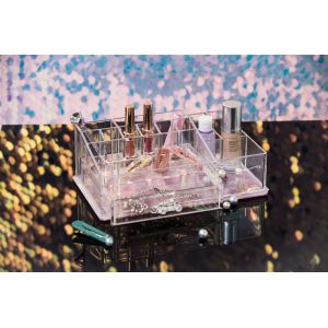 Pink Glitter Bottom Clear Plastic Makeup Organizer