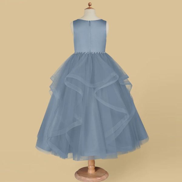 Beautiful Girl Kids Dress Blue Tulle OEM ODM Baby Flower Girl Dresses Sleeveless Round Neckline Ruffles Ball Gown Wholes