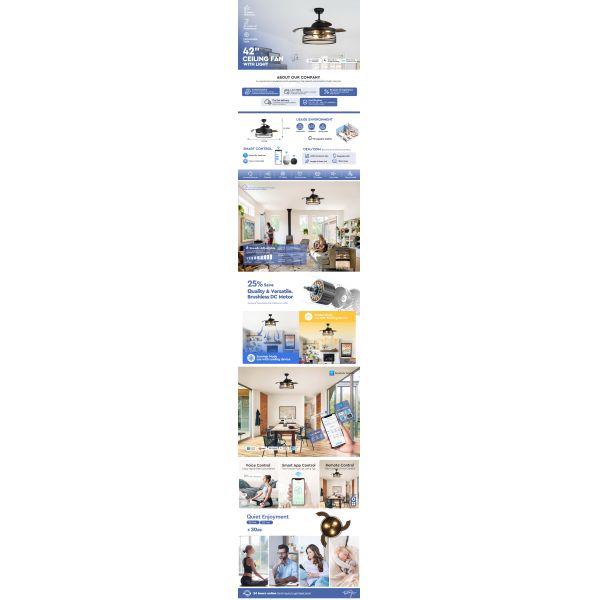 Wall Control 42 Inch Black Color PC Blades Dimmable Invisible Ceiling Fan with LED Light