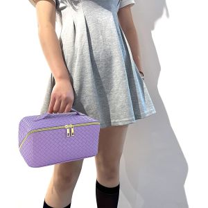 Waterproof Portable Leather Makeup Organizer Bag with Dividers and Handle