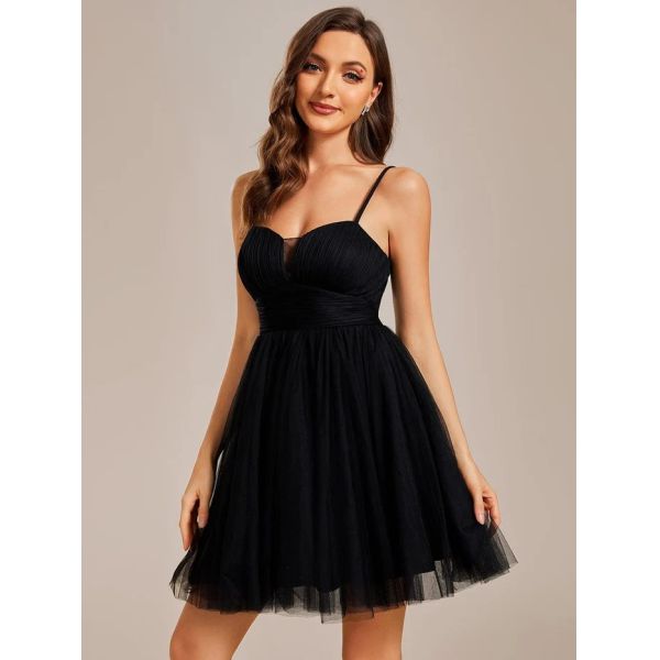 Fashionable Sexy Spaghetti Strap A-line Short Mini Black Tulle Cocktail Dress
