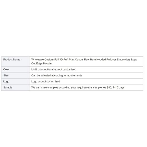 Wholesale Custom Full 3D Puff Print Casual Raw Hem Hooded Pullover Embroidery Logo Cut Edge Hoodie